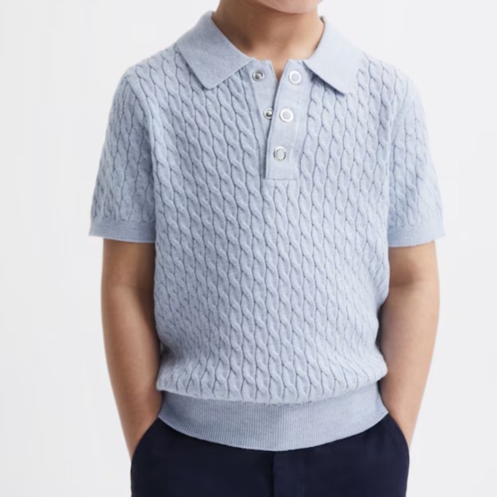 Reiss Boys Light Blue Cable Knit Short Sleeve Polo Shirt Size 8-9Y 134cm NWOT